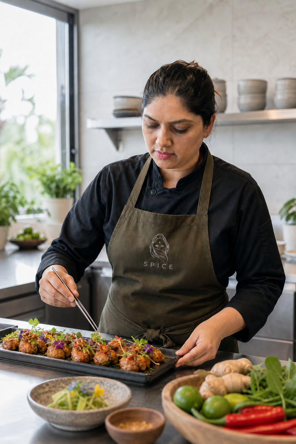 Spice Indian Head Chef Jagriti Guleria carefully finishing a platter with culinary tweezers