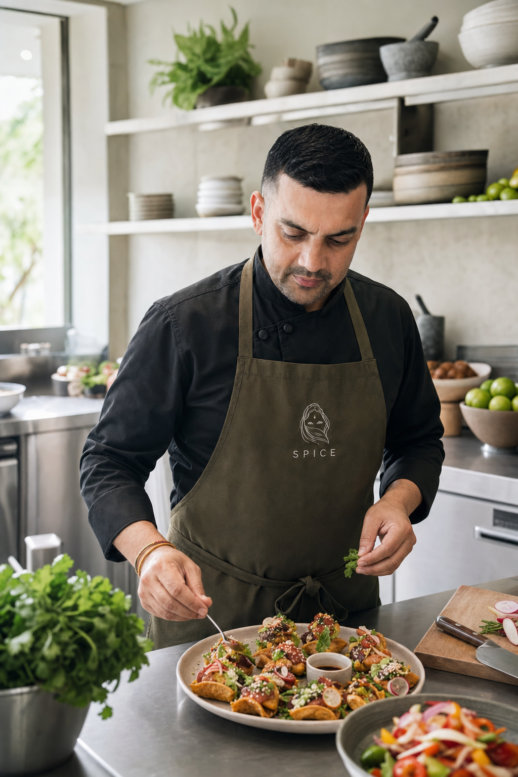 Spice Sous Chef Rajeev Guleria carefully finishing a dish with a spoon